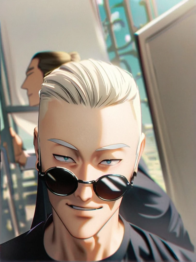 White-haired man wearing sunglasses and a black shirt, very pale blond hair, very very blonde hair, high viewing angle, one blond man looks like gojo, 8 k, White hair