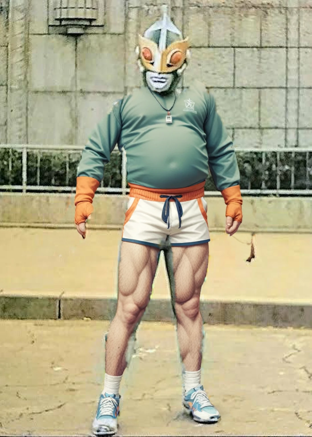 Naked except for hero helmet、Hairy body、40-year-old male、Fat and muscular body、A little bit middle-aged and overweight