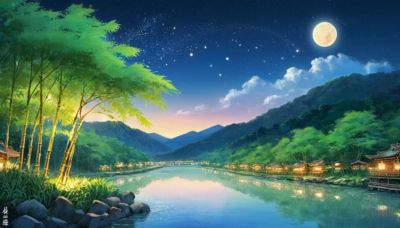 "Tanabata Night、Under the shining starry sky、On the bank of a stream surrounded by bamboo forest、Bamboos decorated with lots of paper are swaying.。.。Colorful wishes written on paper.、The sound of bamboo swaying in the wind brightens up the quiet night。A small lantern floats on the river、A faint light reflects on the water surface。background、Distant Mountain々And the full moon appeared、It creates a romantic atmosphere。"