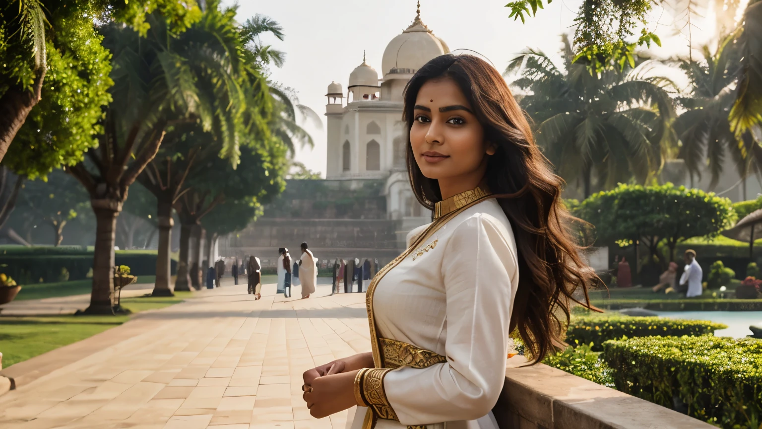 A charming Indian woman with an elegant posture and incomparable beauty stands gracefully. Her soft dimples and realistic expression lines add authenticity to her face. Her skin is illuminated by the sun's rays, enhancing her natural beauty. She is dressed in long, sophisticated clothes that complement her elegance. The background features the iconic Taj Mahal Hotel in Mumbai, set against a backdrop of lush greenery and the vibrant cityscape, embodying the rich history and cultural heritage of Mumbai. To capture this extraordinary scene, a high-resolution camera such as the Phase One XF IQ4 150MP is required. The lighting is diffused and natural, minimizing harsh shadows. The camera settings include a medium aperture, adjusted shutter speed, and a high-quality wide-angle lens with a focal length of approximately 35mm to capture the entire scene in an immersive way. Sharp, precise details are captured, from her wavy hair to the intricate patterns of her clothing, ensuring a natural and stunning image.
