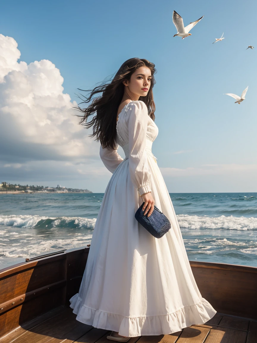 a woman, solo, long hair, black hair, dress, standing, sharp focus, outdoors, sky, day, cloud, water, clothes lift, from behind, blue sky, dutch angle, Victorian era, inspired by Milo Manara, seagulls, ocean, traditional media, beach, watercraft, ship, waves, boat, seagull