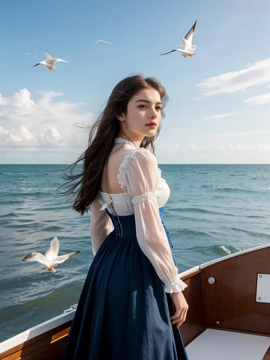 a woman, solo, long hair, black hair, dress, standing, sharp focus, outdoors, sky, day, cloud, water, clothes lift, from behind, blue sky, dutch angle, Victorian era, inspired by Milo Manara, seagulls, ocean, traditional media, beach, watercraft, ship, waves, boat, seagull