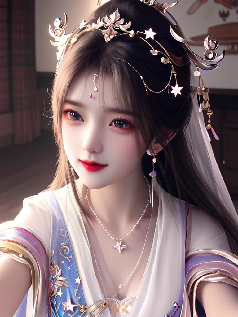 best quality, masterpiece, high resolution, 1 Girl,flirtatious,Colored hair,(Charming smile:0.8),Star-shaped pupil,china hanfu,Hair accessories,necklace, Jewelry,Pretty Face,Above_Body, Tyndall effect,Reality, Dark Studio, Rim Light, Two-tone lighting,(High Detail Skin:1.2), 8K uhd, Digital SLR Camera, Soft lighting, high quality, Volumetric Lighting, frank, photo, high resolution, 4K, 8K, Bokeh