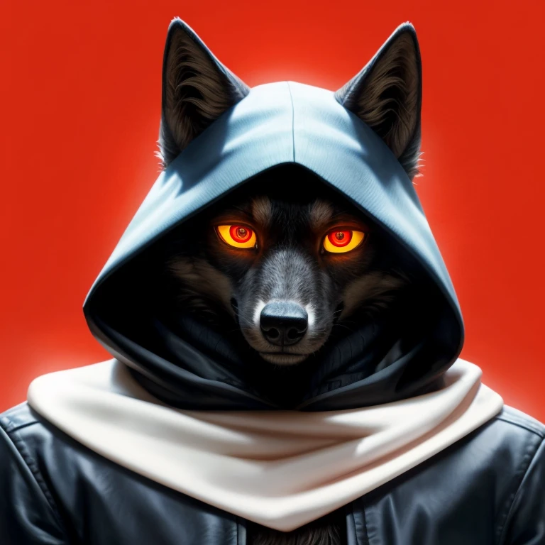 A black male anthro wolf, wearing a black jacket. His are visible. His head is covered by the hood of the jacket. His eyes is glowing orange with red pupil and black in the middle of red pupil. He has a long white scarf wrapped around his jacket neck. Red background. Sfw. Detailed realistic eyes, hd  graphic, best 4k high quality detailed art. Detailed realistic black fur. Detailed realistic glowing eyes