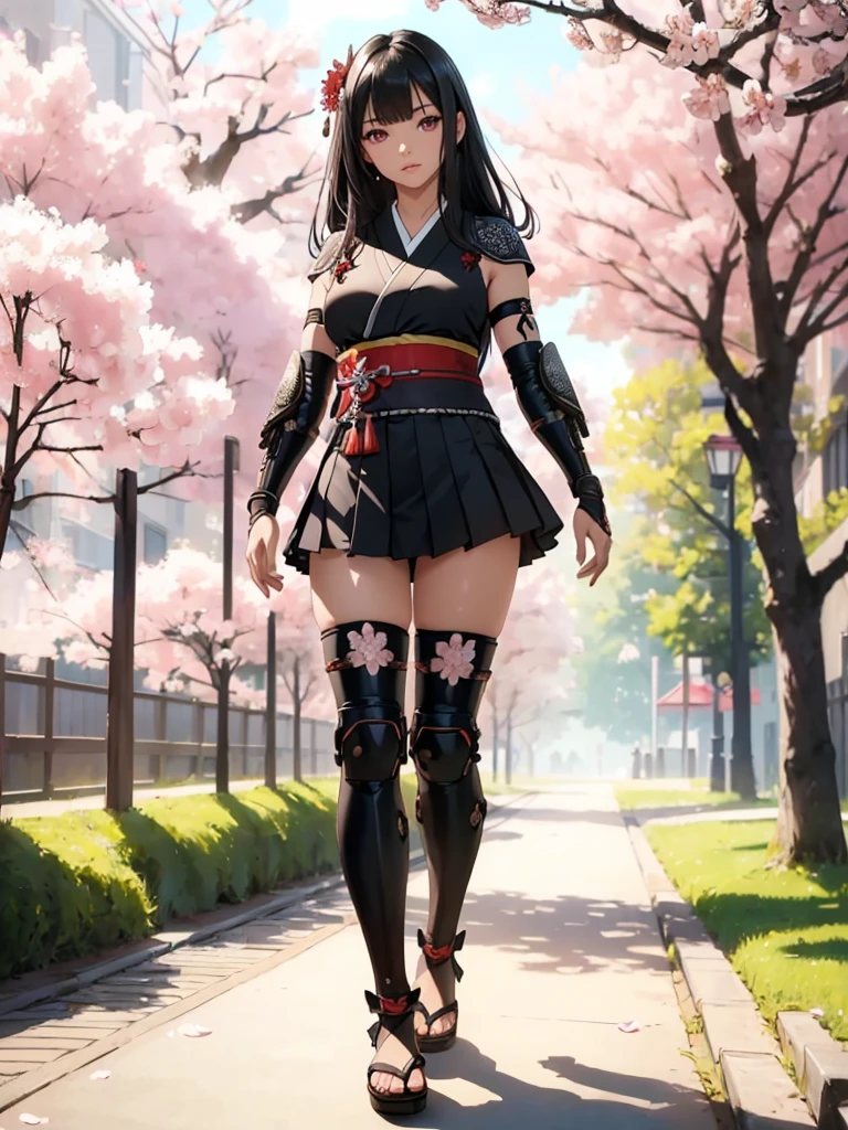 ((1girl, solo)), beautiful body, (perfect anatomy, perfect body, perfect hands, perfect legs), (five fingers:1.5), natural proportions, sexy body, ((large breasts)), cowboy shot BREAK
((extremely detailed face)), (beautiful detailed eyes:1.6), (realistic pupils, realistic iris:1), expressive eyes, looking at viewer, (clear eyes:1.3), (hyperrealistic:1.2), (detailed skin texture:1.2), smooth skin, (black hair:1.5), (red eyes:1.3), long hair, (straight hair:1.5), (((bangs))), ((blunt bangs)), hair ornament, hair flower, (detailed lips:1.2), (attractive lips:1.1), (glossy lips:1.1), (parted lips), perfect face, perfect eyes BREAK
Samurai, japanese clothes, (short kimono:1.5), sleeveless, elbow gloves, (arm guard:1.5), (micro mini skirt:1.3), pleated skirt, black skirt, zettai ryouiki, thighs, black thighhighs, (greaves:1.3), skindentation, tassel, shimenawa BREAK
Outdoors, day, (spring:1.3), (((cherry blossoms))), nature, ((trees)), ((ancient japan)), medieval fantasy BREAK
(masterpiece:1.5), anime-style, top quality, best quality, (beautiful and aesthetic:1.2), (ultra detail:1.5), Ultra-detailed depiction, Ultra-precise depiction, extremely detailed 8k illustration, high resolution, (highly detailed shading:1.2), (realistic lighting:1.4), perfect lighting, vibrant colors, dynamic tones, striking hues, 8k, absurd resolution, perfect shadows, hdr, UHD, ambient lighting, realistic, ultra-realistic, photo realistic, highly detailed, rich detail, luminous colors, fine texture, intricate design, professional illustration, (soft light:1.2), (illustration:0.7)