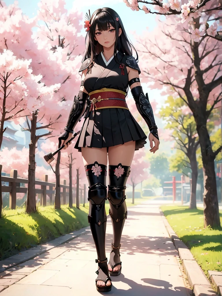 ((1girl, solo)), beautiful body, (perfect anatomy, perfect body, perfect hands, perfect legs), (five fingers:1.5), natural proportions, sexy body, ((large breasts)), cowboy shot BREAK
((extremely detailed face)), (beautiful detailed eyes:1.6), (realistic pupils, realistic iris:1), expressive eyes, looking at viewer, (clear eyes:1.3), (hyperrealistic:1.2), (detailed skin texture:1.2), smooth skin, (black hair:1.5), (red eyes:1.3), long hair, (straight hair:1.5), (((bangs))), ((blunt bangs)), hair ornament, hair flower, (detailed lips:1.2), (attractive lips:1.1), (glossy lips:1.1), (parted lips), perfect face, perfect eyes BREAK
Samurai, japanese clothes, (short kimono:1.5), sleeveless, elbow gloves, (arm guard:1.5), (micro mini skirt:1.3), pleated skirt, black skirt, zettai ryouiki, thighs, black thighhighs, (greaves:1.3), skindentation, tassel, shimenawa BREAK
Outdoors, day, (spring:1.3), (((cherry blossoms))), nature, ((trees)), ((ancient japan)), medieval fantasy BREAK
(masterpiece:1.5), anime-style, top quality, best quality, (beautiful and aesthetic:1.2), (ultra detail:1.5), Ultra-detailed depiction, Ultra-precise depiction, extremely detailed 8k illustration, high resolution, (highly detailed shading:1.2), (realistic lighting:1.4), perfect lighting, vibrant colors, dynamic tones, striking hues, 8k, absurd resolution, perfect shadows, hdr, UHD, ambient lighting, realistic, ultra-realistic, photo realistic, highly detailed, rich detail, luminous colors, fine texture, intricate design, professional illustration, (soft light:1.2), (illustration:0.7)
