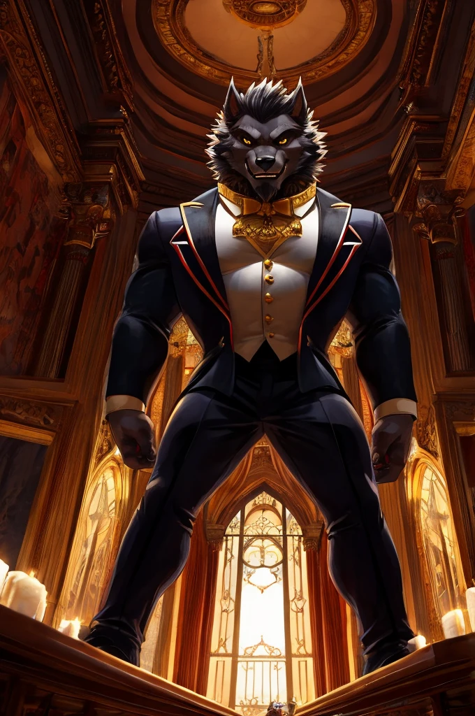 Giant Buff Werewolf Butler, Confident, Golden Eyes, Muscular, Handsome, Charming, View from Below, High Contrast, Standing over the Viewer, Macro, Inside Mansion, Gold Collar