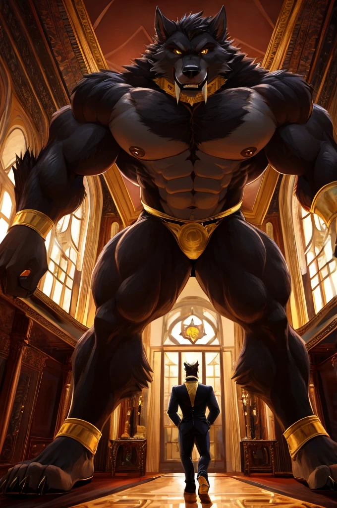 Giant Buff Werewolf Butler, Confident, Golden Eyes, Muscular, Handsome, Charming, View from Below, High Contrast, Standing over the Viewer, Macro, Inside Mansion, Gold Collar