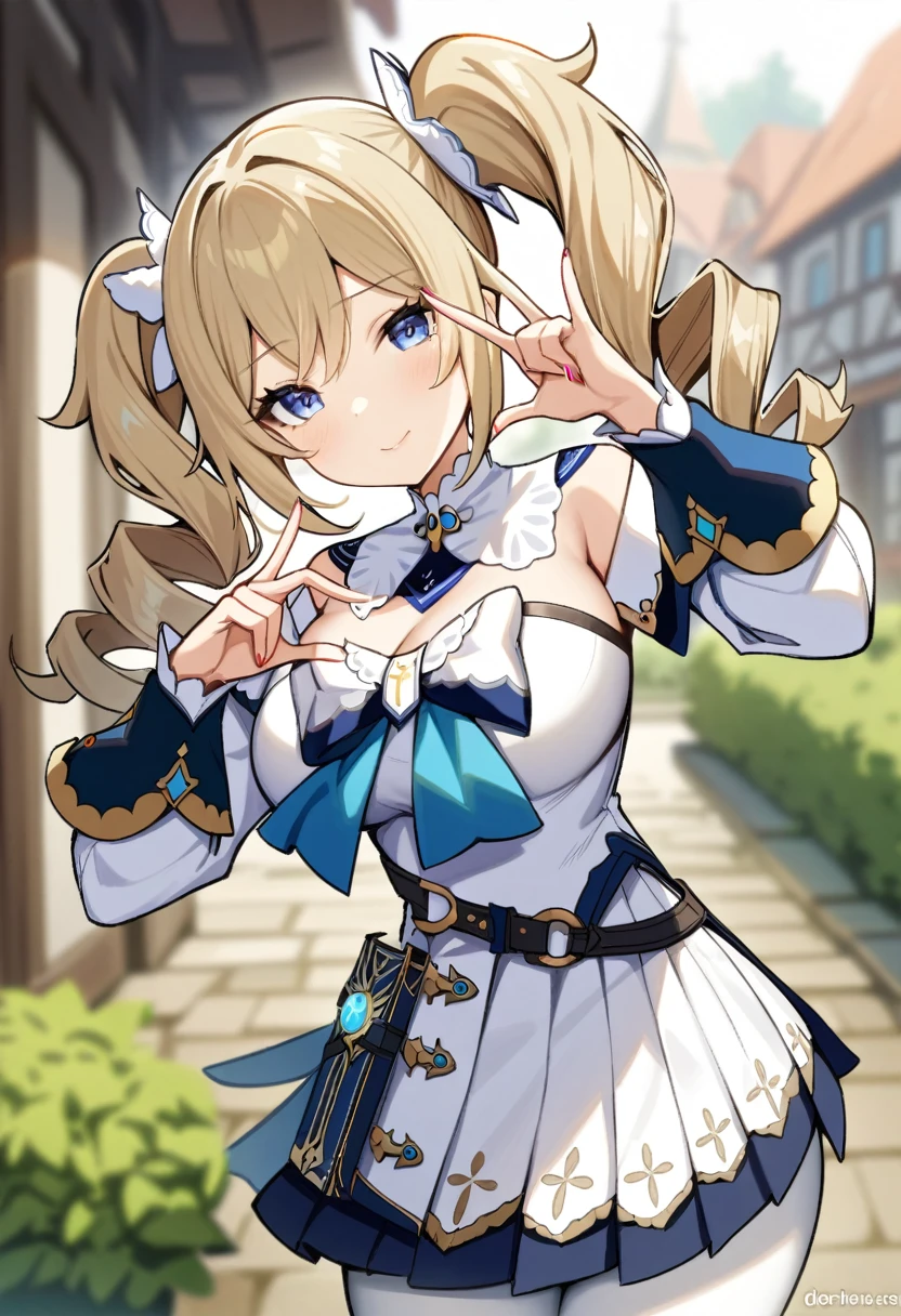 masterpiece, best quality, very aesthetic, absurd,1 Girl, ,Barbara_(Genshin Impact_Influence), Genshin Impact_Influence, 1 Girl, Blonde_hair, blue_Eye, drill_hair, hair_between_Eye, long_hair, twin_drills, twintails, only_Shoulder, Detached_sleeve, skirt, long_sleeve, Pantyhose, White_skirt, White_Pantyhose,1 Girl,Upper Body,Heart gesture,,In the square,Blurred Background,background defocusing，Large Breasts，Large Breasts