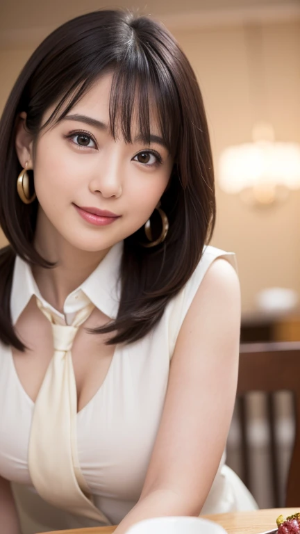 (masterpiece)、(Highest quality:1.5)、(Photorealistic:1.2)、(Surreal), (High resolution), (Realistic), (Post-processing),(Sharp focus), Sharp focus:1.2,Backlight, (Improvement of quality:1.4), (Narrow waist)、Big Ass、((Perfectly detailed five-fingered hands)),(Anatomically correct body)、((1 female:1.4))、Japanese、Realistic Skin、(Small chest:1.4)、Bust size is A cup、Pretty woman with perfect figure:1.4,(from the front:1.5), (Enhances the beauty of skin texture:1.1),No makeup、美しいBlack Hair、The best smile、Natural color lip、(Small Mouth:1.4)、The mouth is not open、Thick lips、(Oval Face)、Even bangs、Hide eyebrows with bangs、((33-year-old woman))、Bob Hair、Hair blowing in the wind, (Black Hair, Iris, Watery eyes, Shining Eyes, Bob Cut Hair, Small earrings,), Hair behind the ear、No makeup、(Drooping eyes)、(((One lovely woman)),((A big friendly smile)),(( Small breasts,Small breastsの谷間)),((((Plump Cheeks)))),((whole body:1.5)),very cute,(Baby Face),高級restaurantで、full-course dinner、Wine Party、Bright image、The beauty of wine, Beautiful Face, red wine 、Appetizers、Italian food、Wine bottle、Champagne、sparkling wine、(slimな顔), (The body is slim),restaurant, White wine, slim, wine glass, 中央に置かれたwine glass, Beautiful fine grain, Depth f/2,saturation, High Contrast, Strong light and shadow,Moist Body:1.5、3D texture、Delicate eyes、((In front of the food on the table:1.5))、White collar shirt and tie、erious expression