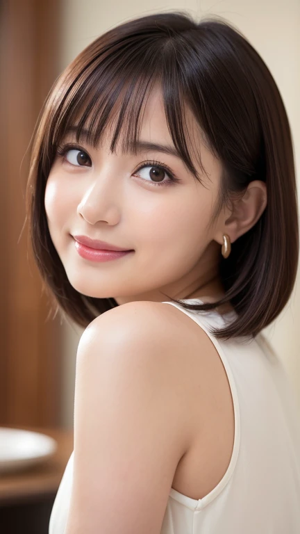 （masterpiece）、(Highest quality:1.5)、(Photorealistic:1.2)、(Surreal), (High resolution), (Realistic), (Post-processing),(Sharp focus), Sharp focus:1.2,Backlight, (Improvement of quality:1.4), (Narrow waist)、Big Ass、((Perfectly detailed five-fingered hands)),（Anatomically correct body）、((1 female:1.4))、Japanese、Realistic Skin、（Small chest：1.4）、Bust size is A cup、Pretty woman with perfect figure:1.4,(from the front:1.5), (Enhances the beauty of skin texture:1.1),No makeup、美しいBlack Hair、The best smile、Natural color lip、(Small Mouth:1.4)、The mouth is not open、Thick lips、(Oval Face)、Even bangs、Hide eyebrows with bangs、((33-year-old woman))、Bob Hair、Hair blowing in the wind, (Black Hair, Iris, Watery eyes, Shining Eyes, Bob Cut Hair, Small earrings,), Hair behind the ear、No makeup、(Drooping eyes)、(((One lovely woman)),((A big friendly smile)),(( Small breasts,Small breastsの谷間)),((((Plump Cheeks)))),((whole body：1.５)),very cute,(Baby Face),高級restaurantで、full-course dinner、Wine Party、Bright image、The beauty of wine, Beautiful Face, red wine 、Appetizers、Italian food、Wine bottle、Champagne、sparkling wine、(slimな顔), (The body is slim),restaurant, White wine, slim, wine glass, 中央に置かれたwine glass, Beautiful fine grain, Depth f/2,saturation, High Contrast, Strong light and shadow,Moist Body:1.5、3D texture、Delicate eyes、((In front of the food on the table：1.5)）、White collar shirt and tie、erious expression
