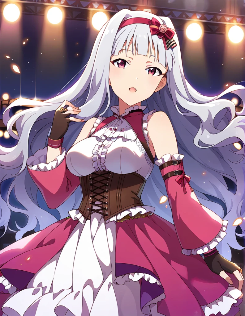 score_9, score_8_up, score_7_up, source_anime,
1girl, solo, idol concert, singing, looking at viewer,  diva, stage, white curtain, stage lights, light particles, 
 sjutkn, very long hair, grey hair, wavy hair, blunt bangs, hairband, purple eyes, large breasts, 
purple dress, sleeveless dress,layered dress, cross-laced dress,long sleeves, bare shoulders, frills, detached sleeves, corset, black fingerless gloves, shiny hair, floating hair, 
hair ornament, 
detailed eyes, eye refraction,