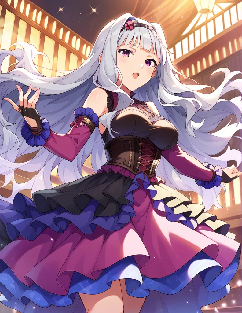 score_9, score_8_up, score_7_up, source_anime,
1girl, solo, idol concert, singing, looking at viewer,  diva, stage, white curtain, stage lights, light particles, 
 sjutkn, very long hair, grey hair, wavy hair, blunt bangs, hairband, purple eyes, large breasts, 
purple dress, sleeveless dress,layered dress, cross-laced dress,long sleeves, bare shoulders, frills, detached sleeves, corset, black fingerless gloves, shiny hair, floating hair, 
hair ornament, 
detailed eyes, eye refraction,