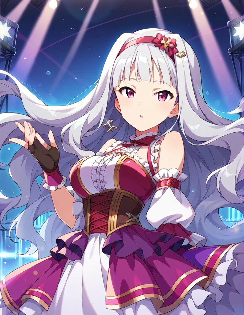 score_9, score_8_up, score_7_up, source_anime,
1girl, solo, idol concert, singing, looking at viewer,  diva, stage, white curtain, stage lights, light particles, 
 sjutkn, very long hair, grey hair, wavy hair, blunt bangs, hairband, purple eyes, large breasts, 
purple dress, sleeveless dress,layered dress, cross-laced dress,long sleeves, bare shoulders, frills, detached sleeves, corset, black fingerless gloves, shiny hair, floating hair, 
hair ornament, 
detailed eyes, eye refraction,