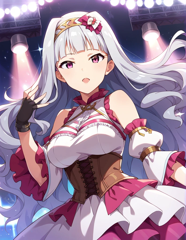 score_9, score_8_up, score_7_up, source_anime,
1girl, solo, idol concert, singing, looking at viewer,  diva, stage, white curtain, stage lights, light particles, 
 sjutkn, very long hair, grey hair, wavy hair, blunt bangs, hairband, purple eyes, large breasts, 
purple dress, sleeveless dress,layered dress, cross-laced dress,long sleeves, bare shoulders, frills, detached sleeves, corset, black fingerless gloves, shiny hair, floating hair, 
hair ornament, 
detailed eyes, eye refraction,