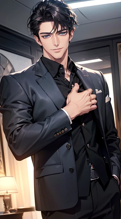 (best quality, masterpiece, 8K, photorealistic, cinematic lighting, hdr image, ultra detailed, beautiful image), a mature man, very handsome, smile, short black hair, blue eyes, perfect face without errors, ((buttoning the jacket, CEO))