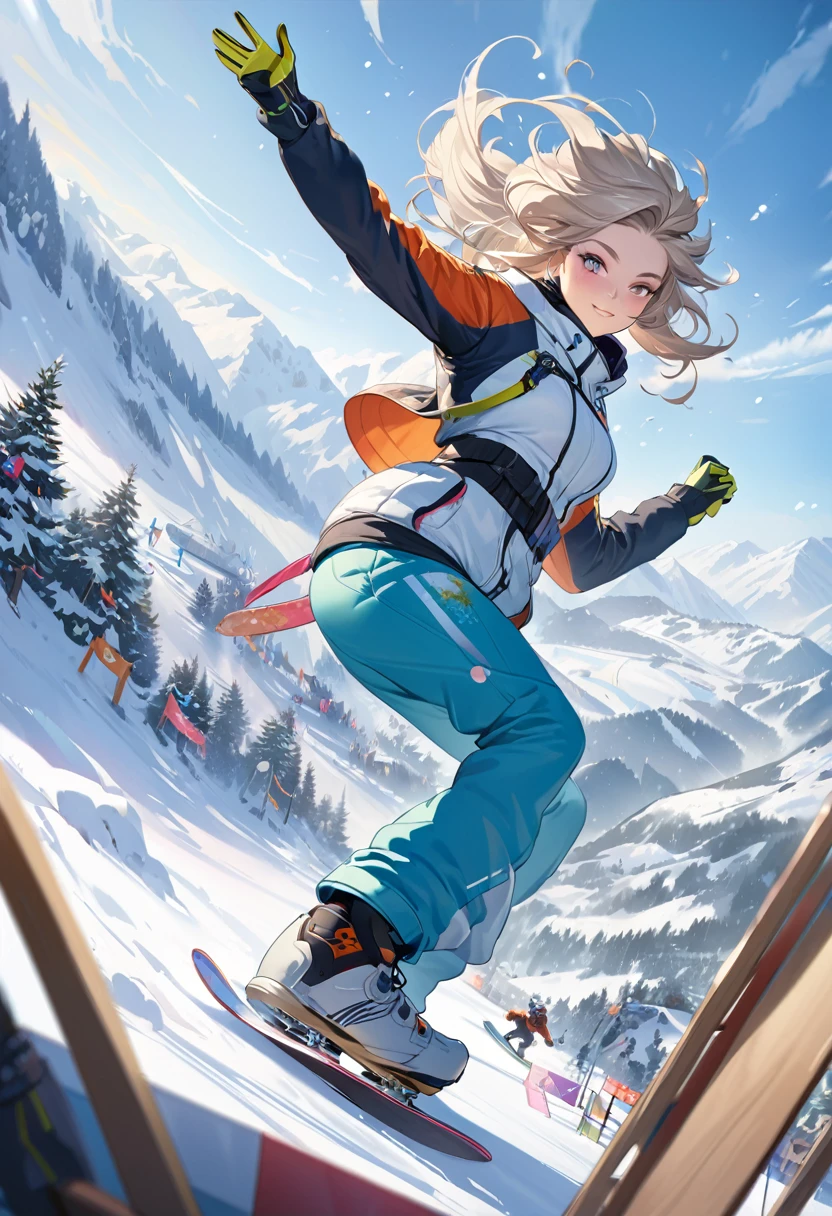 8K resolution, masterpiece, Highest quality, Award-winning works, unrealistic, Final Fantasy, Royal Jewel,Photorealistic by Midjourney and Greg Rutkowski, , elegant, Very detailed, Delicate depiction of hair, Miniature Painting, Digital Painting, Art Station, Concept Art, Smooth, Sharp focus, , nature, Clear shadows, , 22-year-old woman, , Height: 170cm, Large, firm, swaying bust, Ski resort, Snow Mountain, Female Snowboarder,Olympian snowboarder, Snowboard Giant Slalom, Ski resort, slalom, Flashy snowboarder's clothing, Complex construction, Snowboarding, Snowboard down a steep slope, Glide, erotic, One sexy woman, healthy shaped body,,