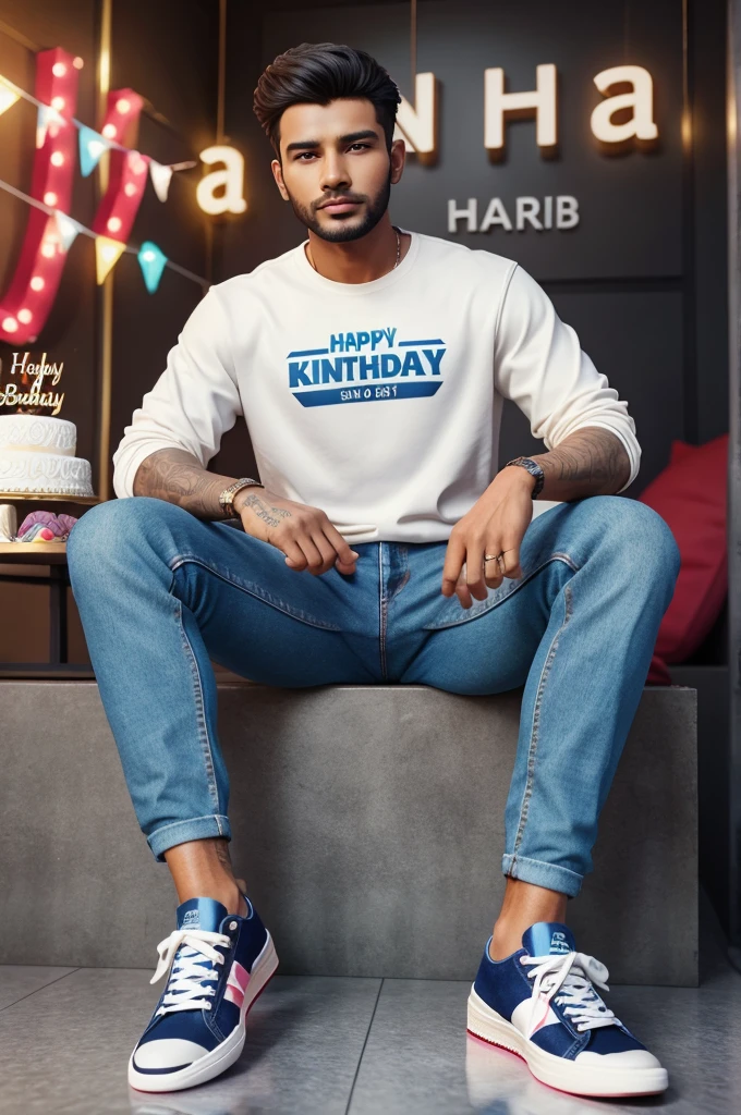 3d illustration of a men sitting casually on front of a cake the character must wear casual moder clothing such as jeans jacket and sneakers shoes. the background of the image is a party theme. write “KUNDAN” on the birthday cake make sure the text is not misspelled his age is 19
