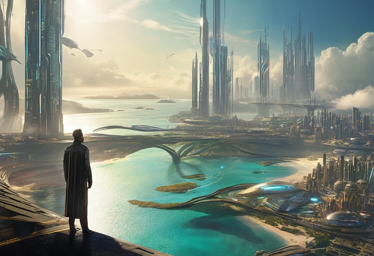man overlooking a futuristic sci-fi city following the long curve of a long sandy bay with futuristic piers stretching out into the water