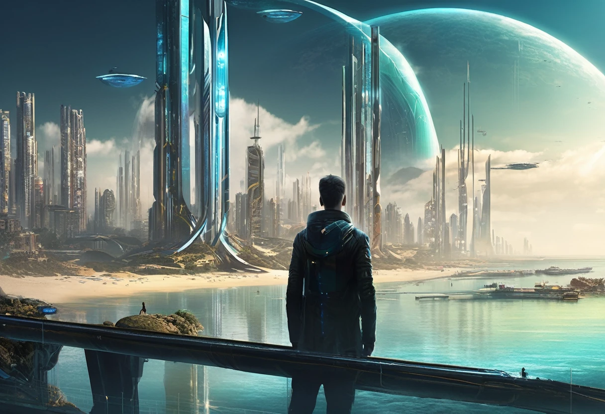man overlooking a futuristic sci-fi city following the long curve of a long sandy bay with futuristic piers stretching out into the water