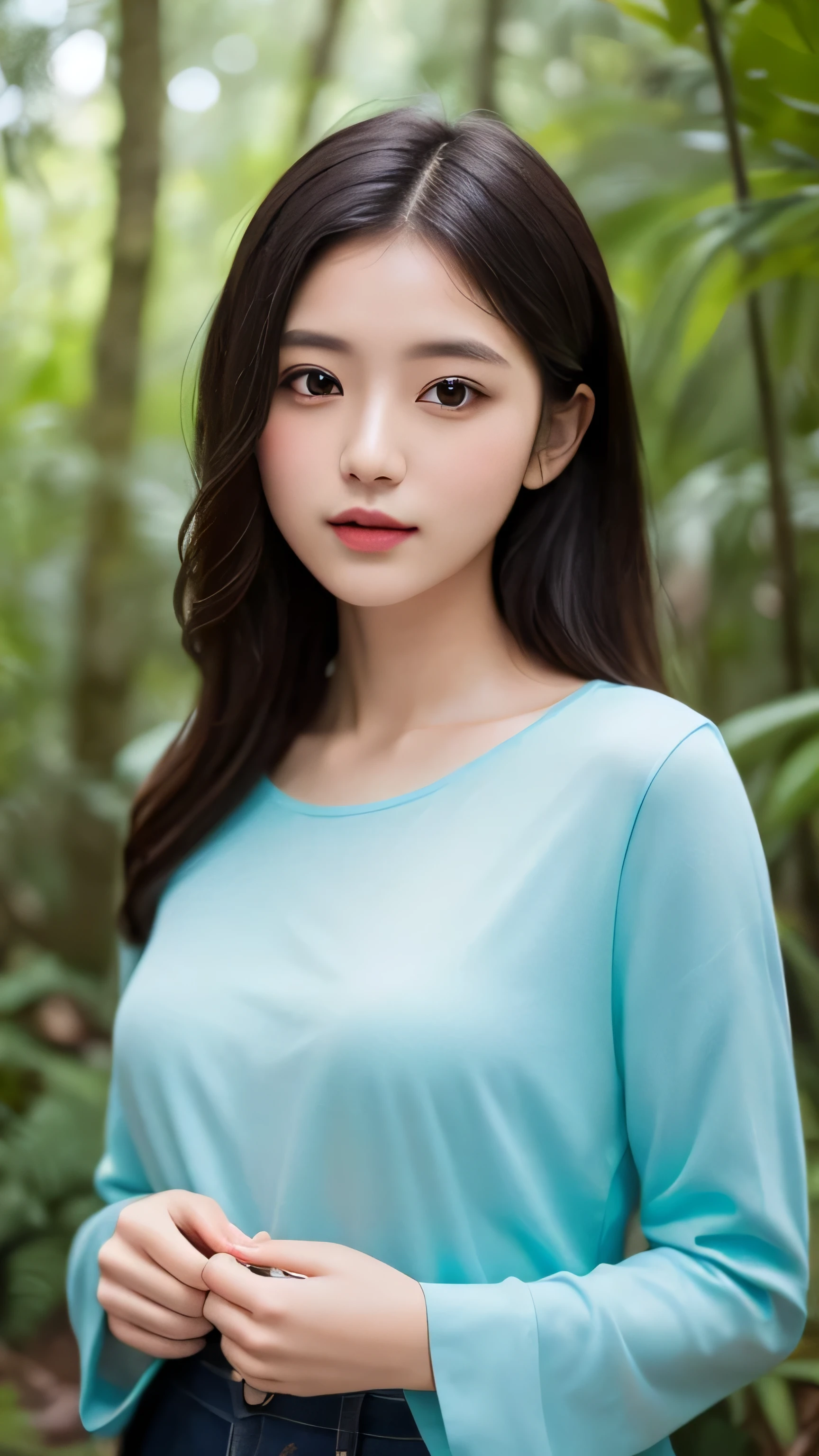 Create an enchanting illustration of a beautiful woman wearing a Shirt, set against a backdrop of a lush forest. Ensure to capture the serene beauty of the natural setting while focusing on the exquisite detail of the subject.