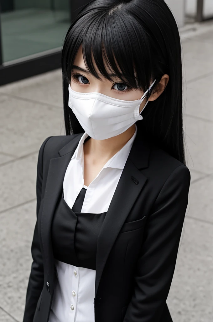 (anime),girl wearing black suit, using a white mask