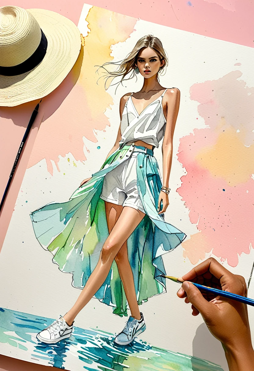 candid fashion illustration of young 2man models, both aged 22 year old, skinny and lean, ((showcase fashion look book in White outfits)), inspired by Christian Dior's resort collection in elegant young bohemian style. The man wears Short-sleeved shirt in cotton twill with a collar, zip at the top, yoke at the back and an open chest pocket. Straight-cut hem with a slit at each side. Loose fit for a generous but not oversized silhouette, paired with relaxed-fit white Sports Wide Leg Shorts Baggy short and Drawstring, Regular fit for comfortable wear and a classic silhouette. He completes his look with white sneakers, round sunglasses and bracelet. The woman complements him in a Long plissé dress in jersey with a deep V-neckline and narrow shoulder straps that cross at the back. Deep opening at the back, a concealed zip at one side and gathered tiers on the skirt for added volume, Her ensemble includes an accessorizes with a straw hat, white sneakers, Captured in a dynamic angle, ((full-body image)), ((pastel water color background)), sketching, realistic drawing, imperfect water color drawing, fashion look book, fashion illustrator, sketch design,