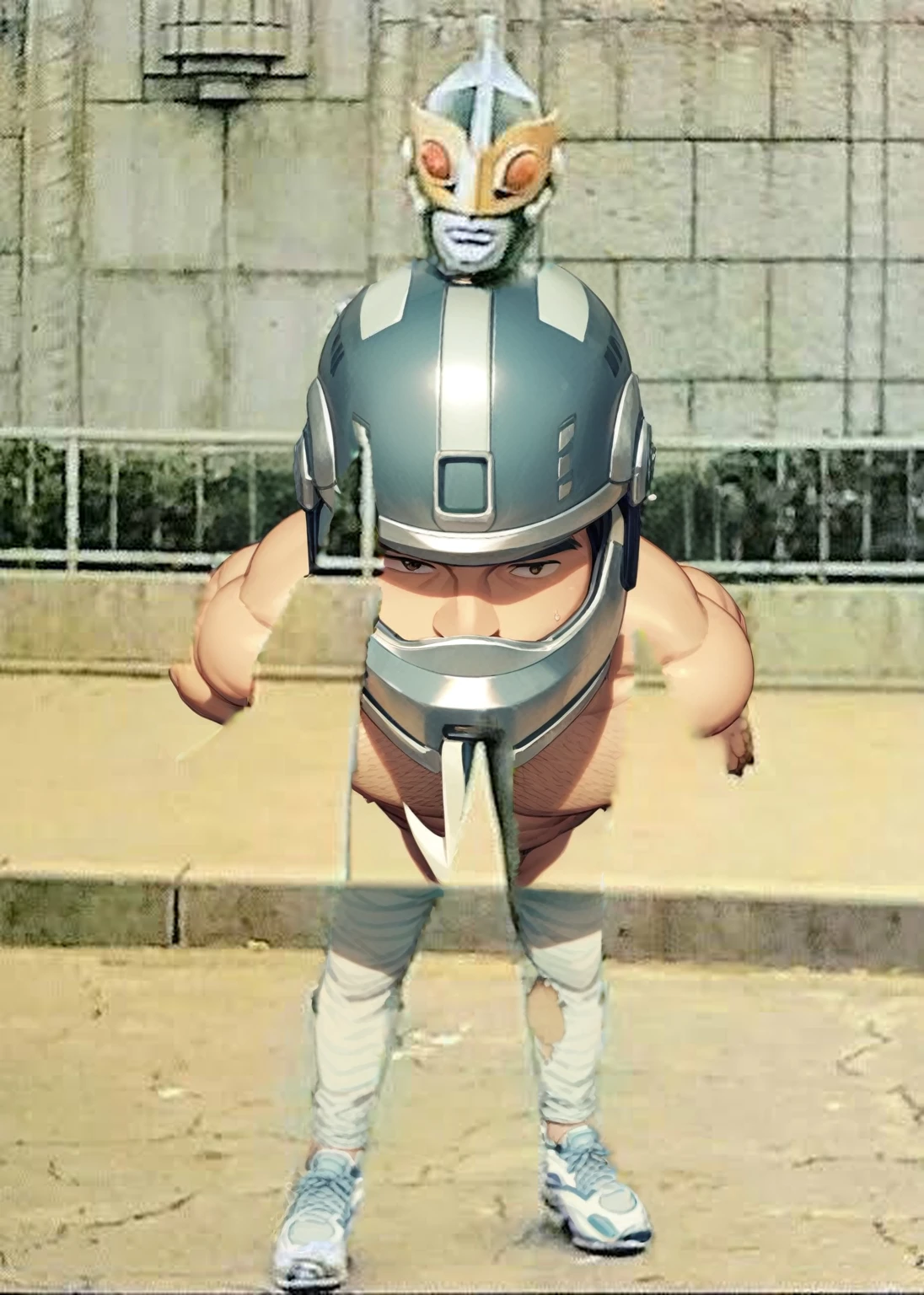 nude、Gay、only,Naked except for hero helmet、Hairy body、40-year-old male、Fat and muscular body、A little bit middle-aged and overweight