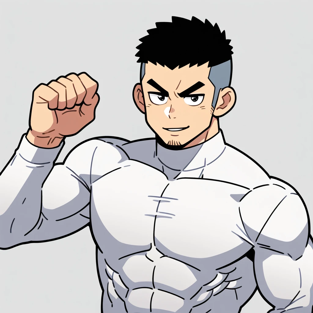 anime characters:Gyee, Muscle Sports Student, Buzz Cut, Manliness, male focus, Cute boy with big eyes, Mike White high collar long sleeve tight T-shirt, Slightly transparent material, Very tight, Round, full and perky chest muscles, Slightly transparent, muscular male, muscular, only, Upper body, alone, Black short hair, Thick eyebrows, stubble, Cute little eyes, Grey background, simple background, amazing quality, best aesthetics, Ridiculous, crew cut, parted lips, seductive smile, torogao, naughty face, drop shadow, best quality