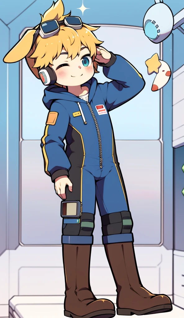 2D Boy Shota,One-piece mountaineering suit,Slim, healthy body,Put the headphones on your head,stand up,goggles,Rabbit ears,happy,Sailor collar,tie,Zipper pulled down,boots,hood