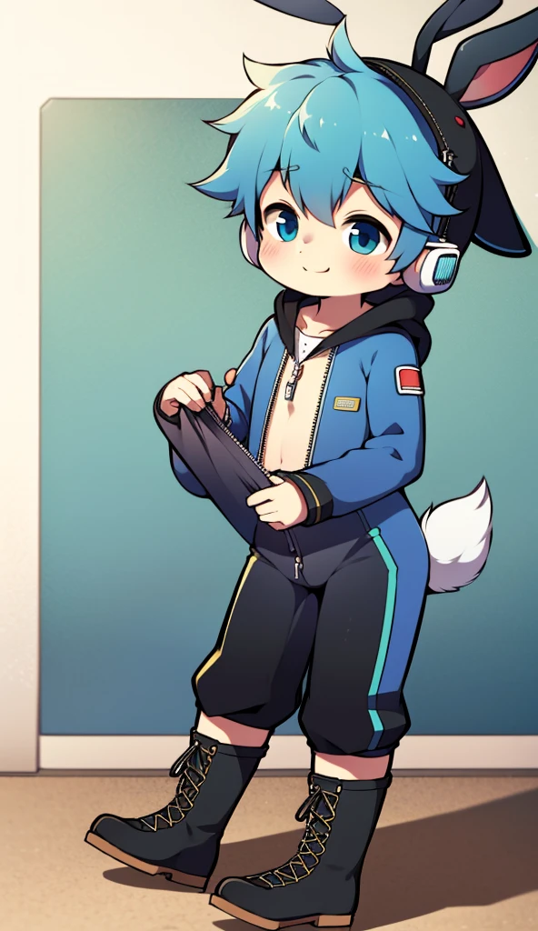 2D Boy Shota,One-piece mountaineering suit,Slim, healthy body,Put the headphones on your head,stand up,goggles,Rabbit ears,happy,Sailor collar,tie,Zipper pulled down,boots,hood