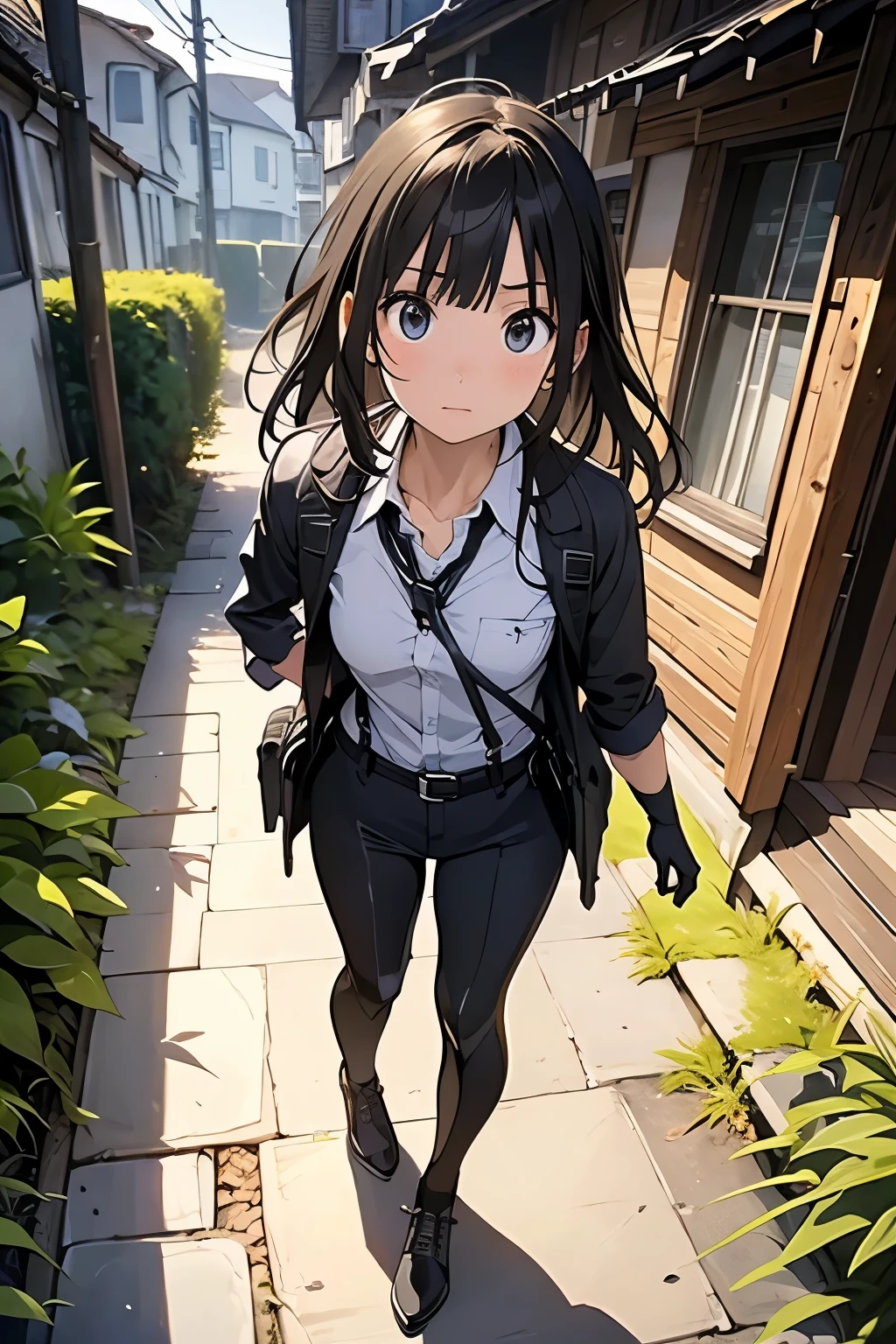 high quality, masterpiece, Ultra-high resolution, (realism: 1.4), Oil painting style, Cinema Lighting, An endless grassland dotted with a few houses, I stood on the empty asphalt road and looked at it., Fairy Mountain々was shrouded in mist, And the suspenders with the cranes flying　　　Moderate breasts　 　 　　　　Small face　 　　　holster　　　　　　　 Lying in bed　Looking up　　　　Sweat 　　　belt　summer　脇Sweat 　Black Hole Gloves　suit　shirt　　Black jacket　 Black trousers　Leg Links　ズボンにbelt　　holster　 　　Hands behind your back　 Anxious expression　Looking up　Anxious face