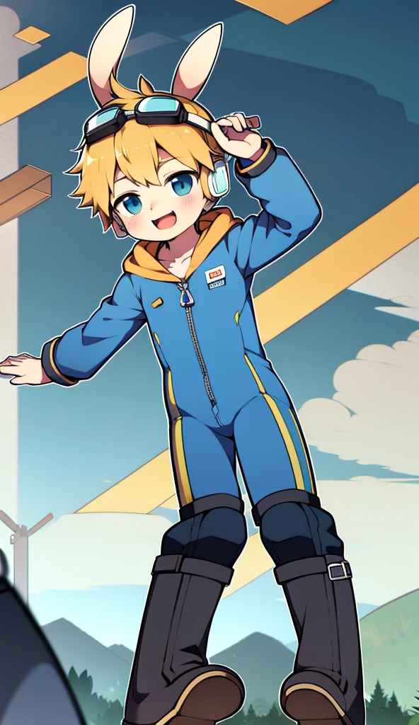 2D Boy Shota,One-piece mountaineering suit,Slim, healthy body,Put the headphones on your head,stand up,goggles,Rabbit ears,happy,Sailor collar,tie,Zipper pulled down,boots,hood