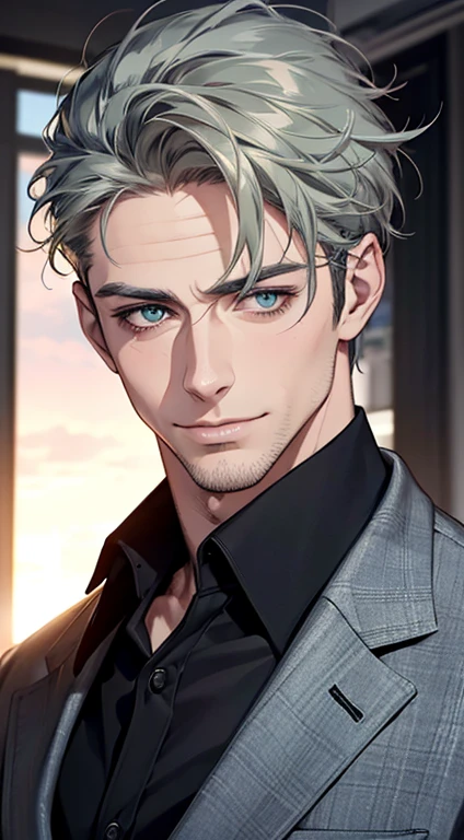 (best quality,4k,8k,highres,masterpiece:1.2),ultra-detailed,(realistic,photorealistic,photo-realistic:1.37),1 man,31 years old,mature man,very handsome,without expression,smile,short grey green hair,blue eyes,penetrating gaze,perfect face without errors,imposing posture,businessman,office background,cinematic lighting,hdr image