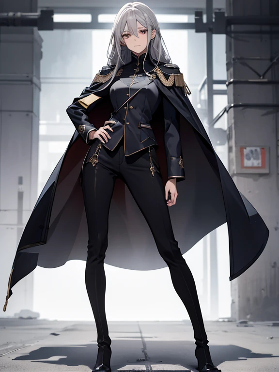 (Confused, High resolution, Very detailed), 1 female, Silver Hair,Long Hair,Reddish brown eyes,Blue and black military uniform,24th generation,beauty,mature,thin,quiet,Calm,A small smile,Long Cape,Slender and thin,Knee-high boots,skinny pants,Hangar,Small breasts,thin身体,Are thin