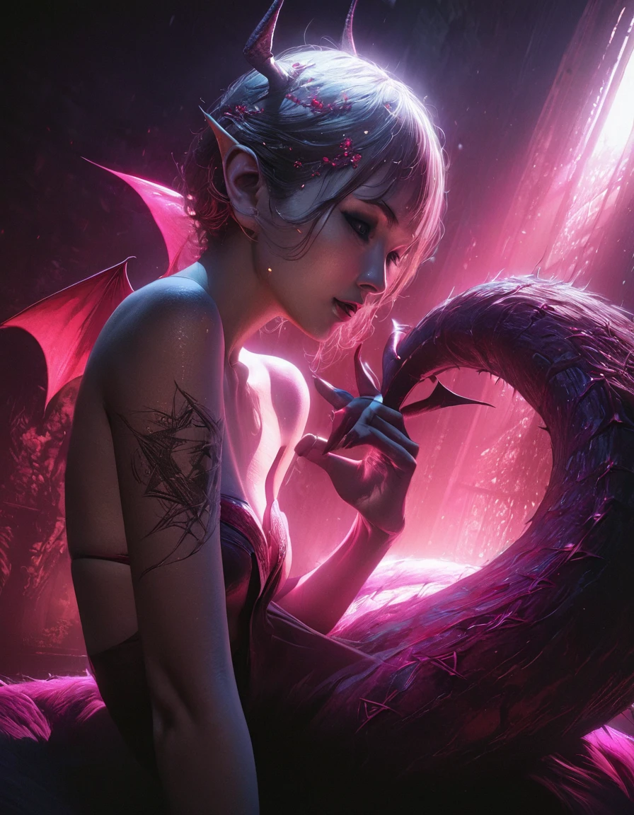 Hyperrealistic Digital art, homage to Philippe Vignal, succubus wrapped in its own tail within a pentagram, combination of allure and menace, hyperrealistic texturing, utilizes double shadow exposure technique, 32k resolution, breathtaking surreal masterpiece, dramatic lighting, double exposure effect. detailed acrylic touches, grunge elements adding intricate complexity. High Resolution, High Quality, Masterpiece. best quality, masterpiece, super detail . octane rendering. rendered in Unreal Engine for a photorealistic effect. unforgettable impression, enhanced by volumetric lighting, auras, rays, with vivid color reflections, succubus meditation horror