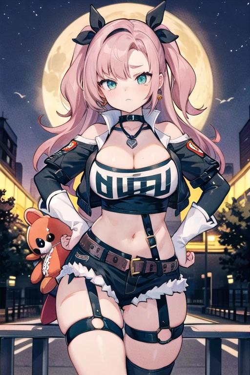 masterpiece, best quality, Extremely detailed, Extremely detailed,illustration, 1 Girl, Nicole starts, Headband, Hairpin, earrings, Black Collar, Tube Top, Knee high socks, shorts, Cropped Jacket, belt, Thigh straps, Separate sleeves, toy doll, permanent, Hands on Hips, Cowboy shooting, Night Street, moon ,大breast,大breast,breast