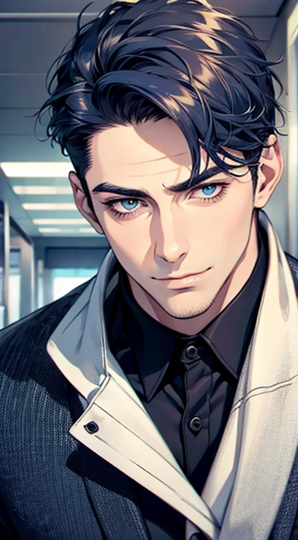 (best quality,4k,8k,highres,masterpiece:1.2),ultra-detailed,(realistic,photorealistic,photo-realistic:1.37),1 man,31 years old,mature man,very handsome,without expression,smile,short blue hair,blue eyes,penetrating gaze,perfect face without errors,imposing posture,businessman,office background,cinematic lighting,hdr image