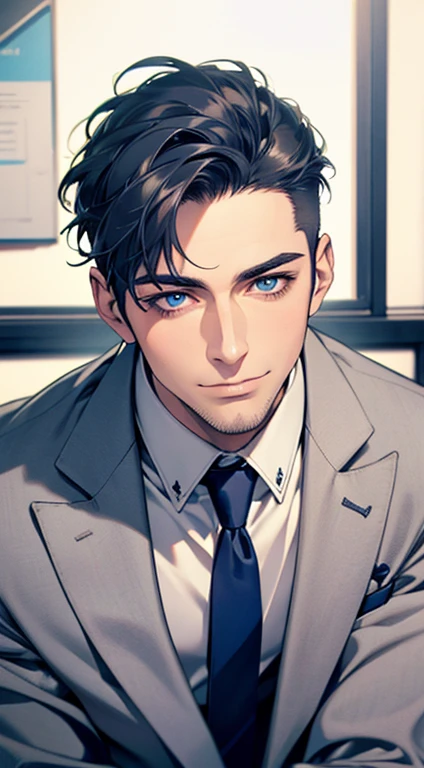 (best quality,4k,8k,highres,masterpiece:1.2),ultra-detailed,(realistic,photorealistic,photo-realistic:1.37),1 man,31 years old,mature man,very handsome,without expression,smile,short  blue hair,blue eyes,penetrating gaze,perfect face without errors,imposing posture,businessman,office background,cinematic lighting,hdr image