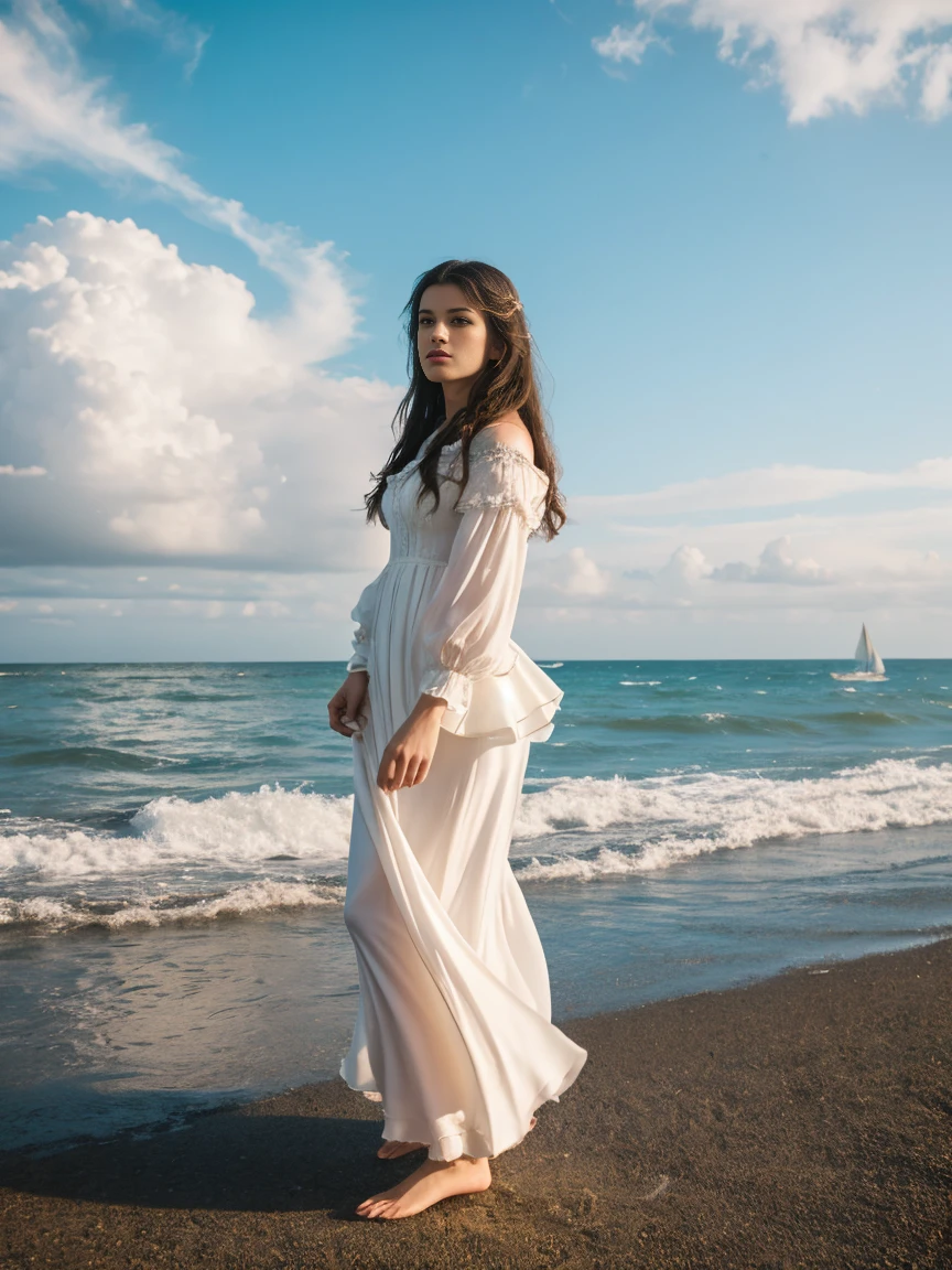 a woman, solo, long hair, black hair, dress, standing, sharp focus, outdoors, sky, day, cloud, water, clothes lift, from behind, blue sky, dutch angle, Victorian era, inspired by Milo Manara, seagulls, ocean, traditional media, beach, watercraft, ship, waves, boat, seagull, film grain, dramatic ambiance