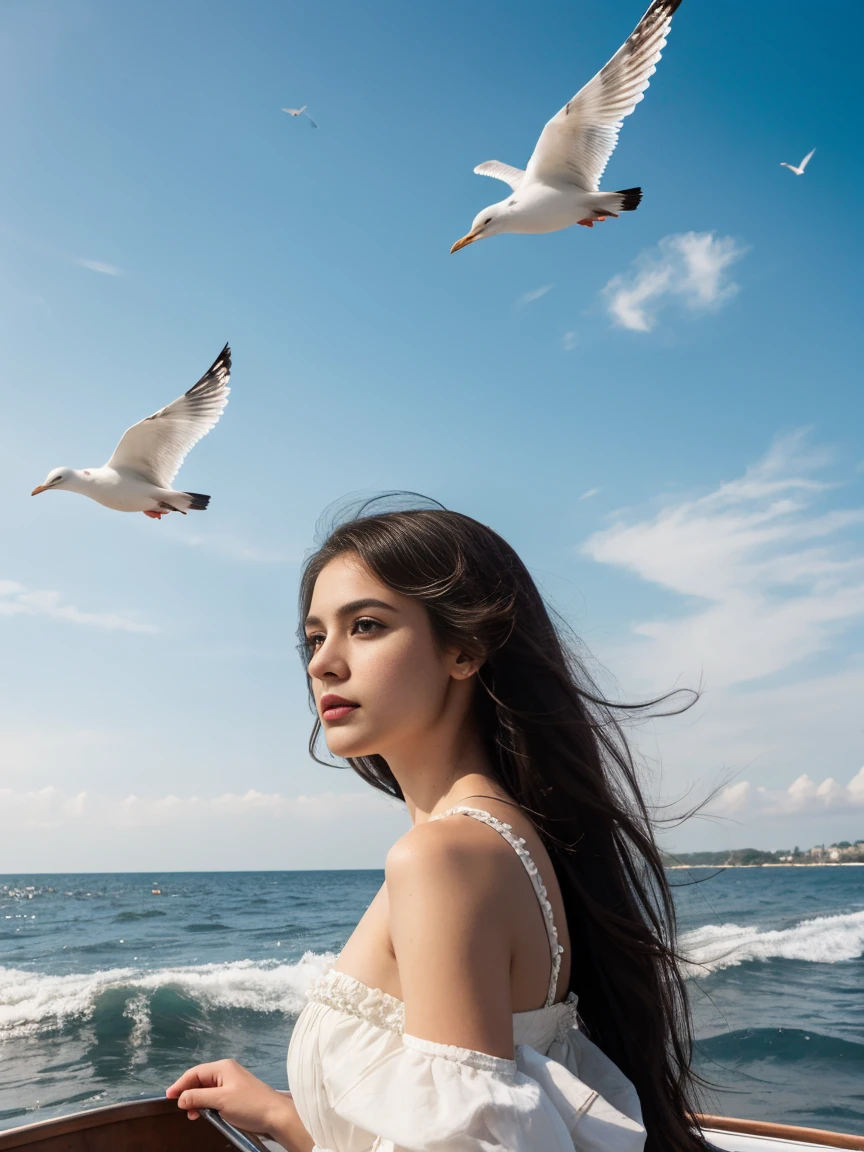 a woman, solo, long hair, black hair, dress, standing, sharp focus, outdoors, sky, day, cloud, water, clothes lift, from behind, blue sky, dutch angle, Victorian era, inspired by Milo Manara, seagulls, ocean, traditional media, beach, watercraft, ship, waves, boat, seagull, film grain, dramatic ambiance