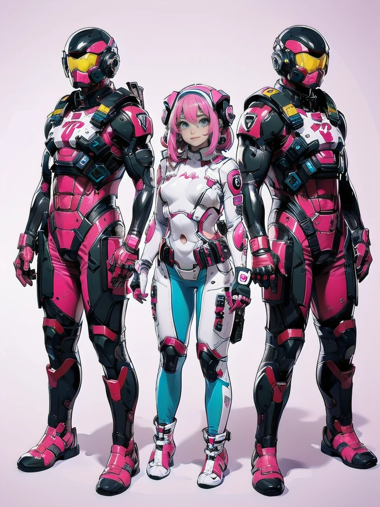 complete body shot,retro futuristic flat background,masterpiece, best quality, 1girl, solo, retro futuristic cyborgwoman, seamlessly blending mechanics and elegance. fit, small breasts, blueish skin, with magenta hair, fashion modeling pose, form fitting pastel yellow and pink with black colorblocking gundam suit-like-armor,kitty_ear headpiece, happy, wild pink punky hair, humanoid face with bigger eyes and some cyberparts holding a retro futuristoc space-gun, plain background, intense colors, Anime, Cartoon, Comic Book, Concept Art