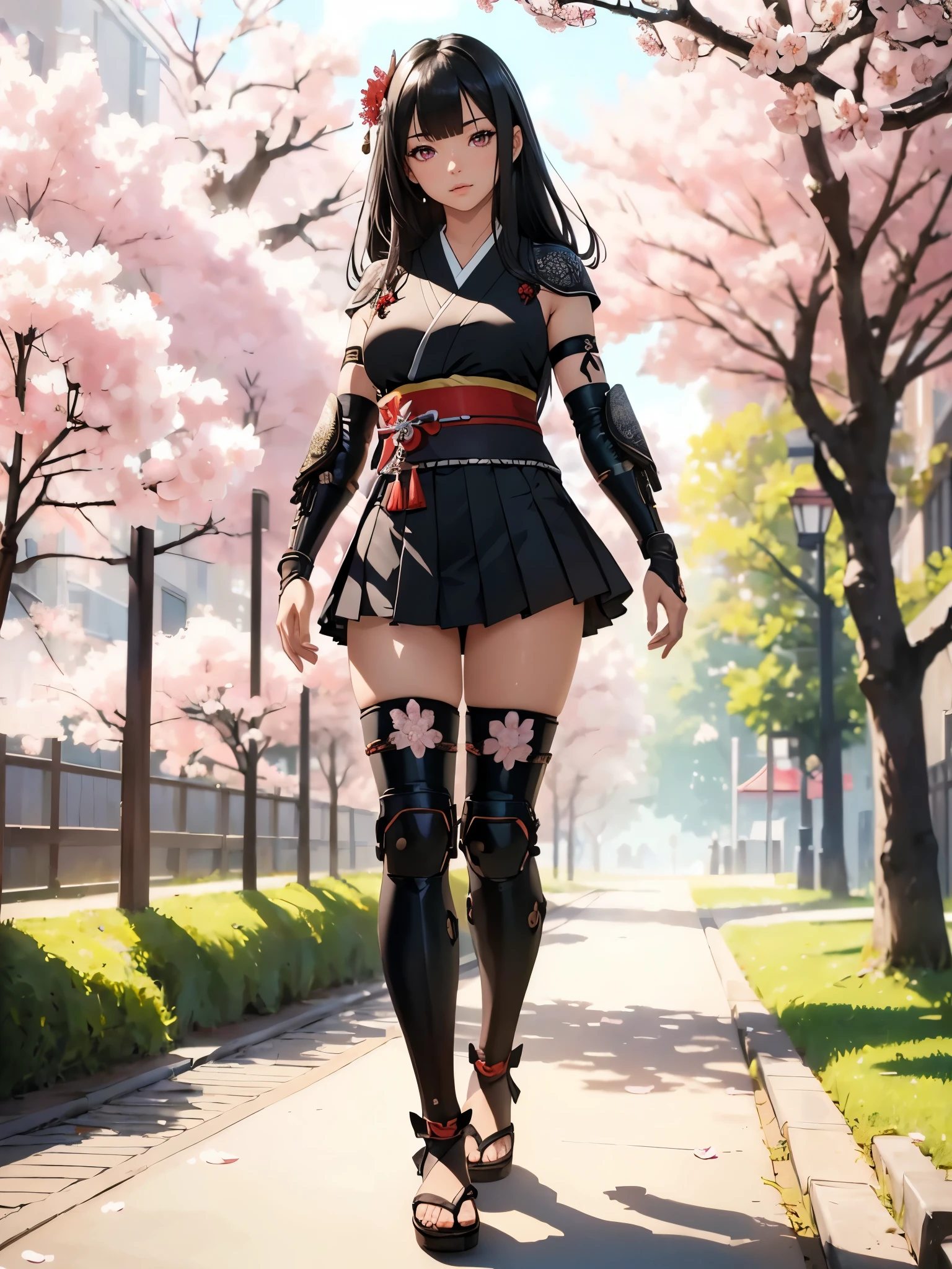 ((1girl, solo)), beautiful body, (perfect anatomy, perfect body, perfect hands, perfect legs), (five fingers:1.5), natural proportions, sexy body, ((large breasts)), cowboy shot BREAK
((extremely detailed face)), (beautiful detailed eyes:1.6), (realistic pupils, realistic iris:1), expressive eyes, looking at viewer, (clear eyes:1.3), (hyperrealistic:1.2), (detailed skin texture:1.2), smooth skin, (black hair:1.5), (red eyes:1.3), long hair, (straight hair:1.5), (((bangs))), ((blunt bangs)), hair ornament, hair flower, (detailed lips:1.2), (attractive lips:1.1), (glossy lips:1.1), (parted lips), perfect face, perfect eyes BREAK
Samurai, japanese clothes, (short kimono:1.5), sleeveless, elbow gloves, (arm guard:1.5), (micro mini skirt:1.3), pleated skirt, black skirt, zettai ryouiki, thighs, black thighhighs, (greaves:1.3), skindentation, tassel, shimenawa BREAK
Outdoors, day, (spring:1.3), (((cherry blossoms))), nature, ((trees)), ((ancient japan)), medieval fantasy BREAK
(masterpiece:1.5), anime-style, top quality, best quality, (beautiful and aesthetic:1.2), (ultra detail:1.5), Ultra-detailed depiction, Ultra-precise depiction, extremely detailed 8k illustration, high resolution, (highly detailed shading:1.2), (realistic lighting:1.4), perfect lighting, vibrant colors, dynamic tones, striking hues, 8k, absurd resolution, perfect shadows, hdr, UHD, ambient lighting, realistic, ultra-realistic, photo realistic, highly detailed, rich detail, luminous colors, fine texture, intricate design, professional illustration, (soft light:1.2), (illustration:0.7)