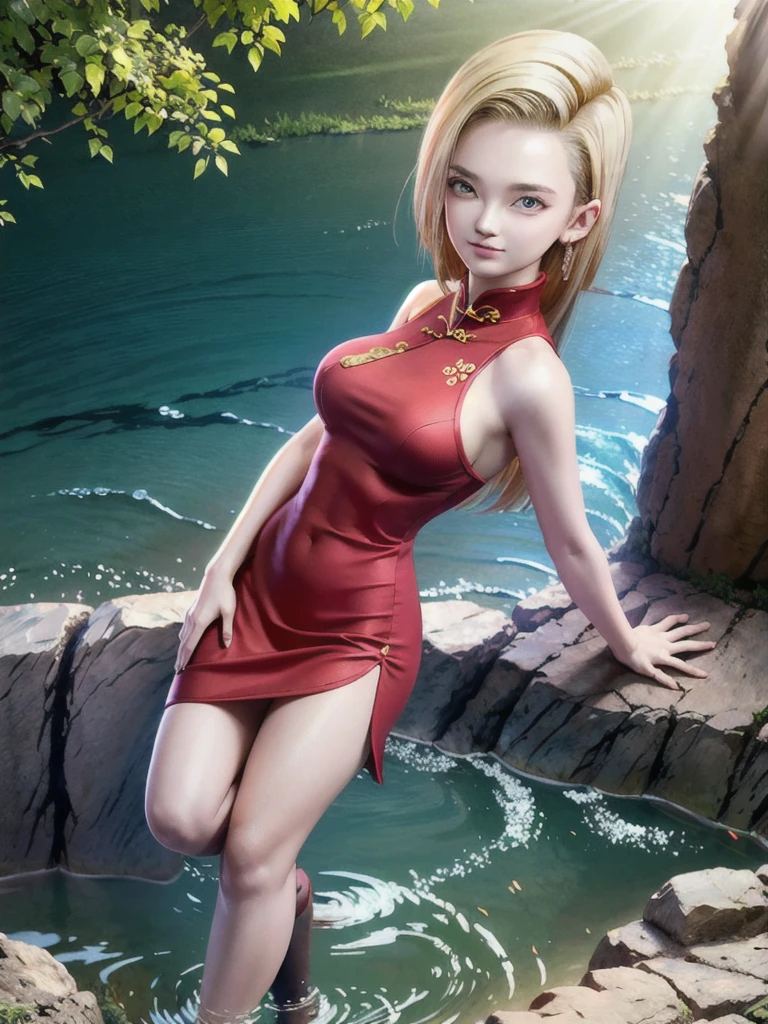 android 18,blonde hair,(((long hair))),blue eyes,(long slit red sexy cheongsam), (Red),looking at the audience,face smile,close-up, portrait, river,rock, ,tree,blue sky,high quality,masterpiece,sexy body, sexy Red Dress, red,perfect big breasts, Hyperrealistic intricate detail, Cinematic, 8K resolution, 70mm, Accent Lighting, Global Illumination, Full body portrait, clean detailed faces,