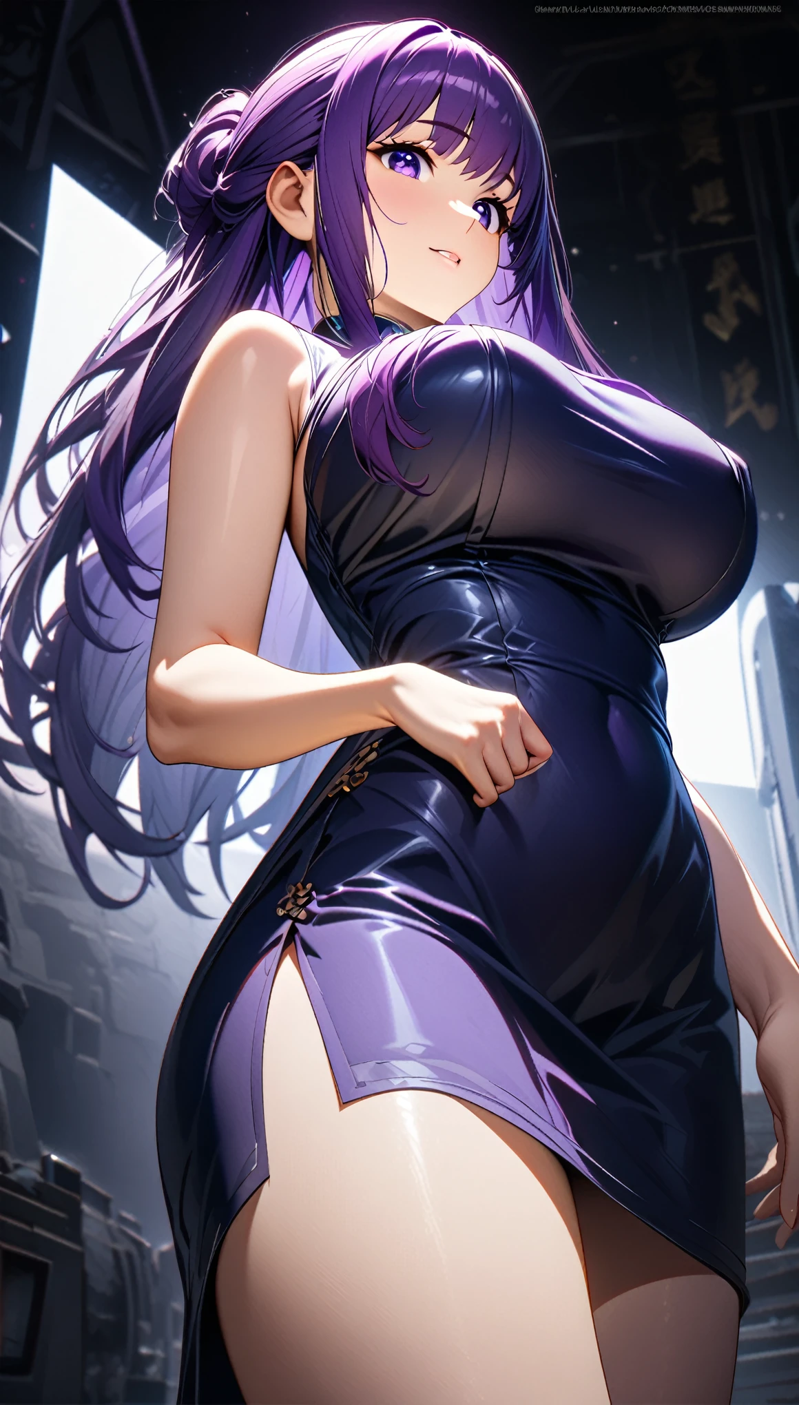 Cheongsam Girl，Purple Hair,Purple eyes,Long Hair，cowboy shot,Pure white background，Big Breasts,Depth of written boundary，Low angle view，Calf Level View，Overclocked Renderer，Cinema Lighting，Ultra-fine，Very detailed，complicated，Cinematic Perspective，CG Art，Looking at me,