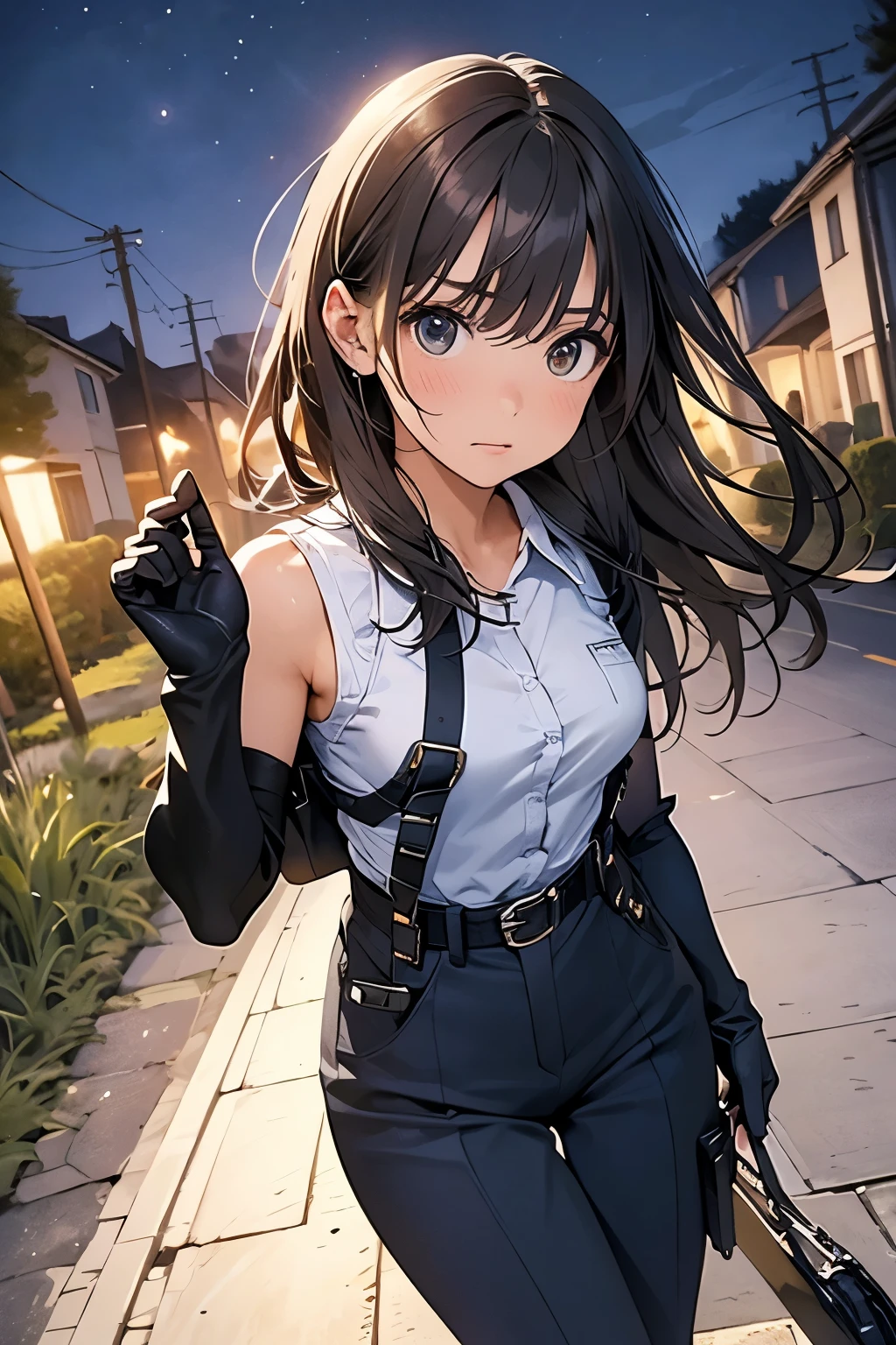 high quality, masterpiece, Ultra-high resolution, (realism: 1.4), Oil painting style, Cinema Lighting, An endless grassland dotted with a few houses, I stood on the empty asphalt road and looked at it., Fairy Mountain々was shrouded in mist, And the suspenders with the cranes flying　　　Moderate breasts　 　 　　　　Small face　 　　　holster　　　　　　　 Lying in bed　Looking up　　　　Sweat 　　　belt　summer　脇Sweat 　Black Hole Gloves　suit　shirt　　Black jacket　 Black trousers　Leg Links　ズボンにbelt　　holster　 　　Hands behind your back　 Anxious expression　Looking up　Anxious face