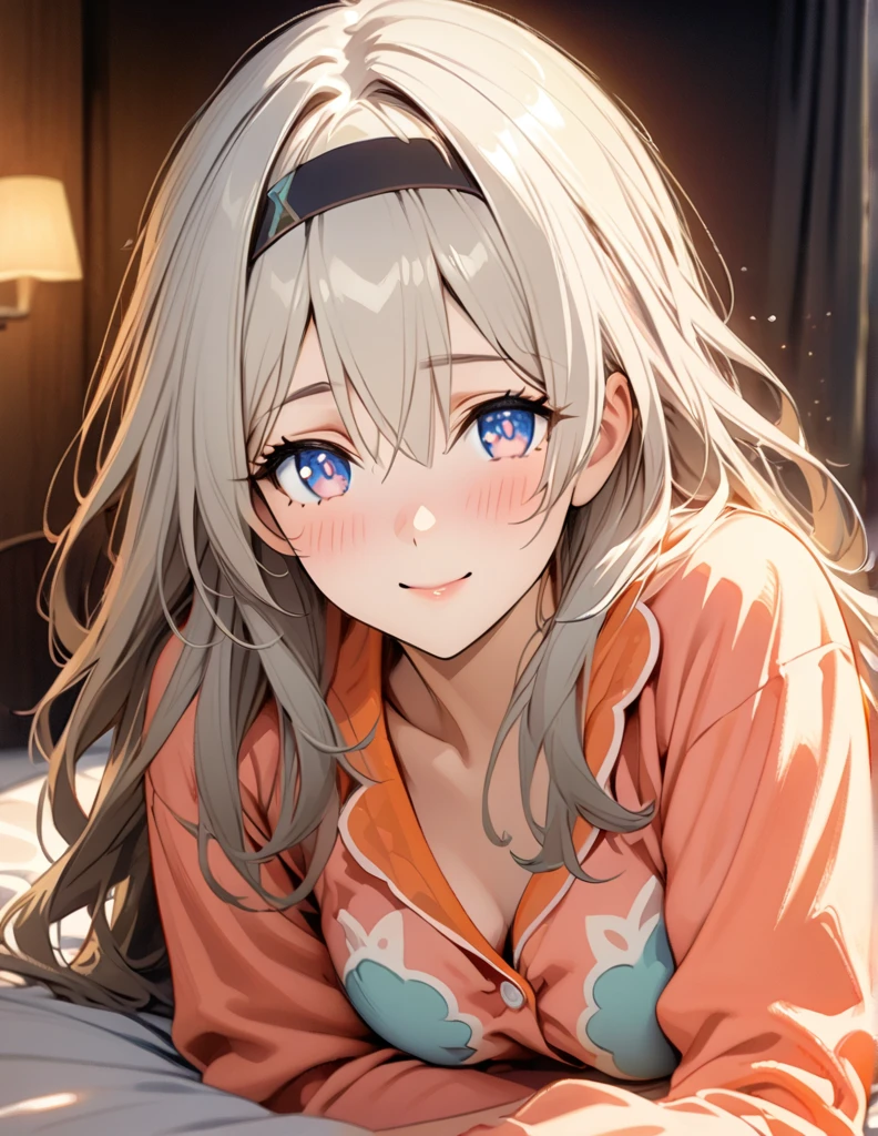 beautiful girl, long grey hair, beautiful face,smiling,close up to hips, beautiful breast, laying on stomach on bed,,illustration,detailed textures(realists),ultra-detailed,portrait style,vivid colors,soft lighting, blushing, mature, hair fluttering, evening light , head band, ((half body)), wearing simple pajamas , perky. ((side profile until hips)), very shy