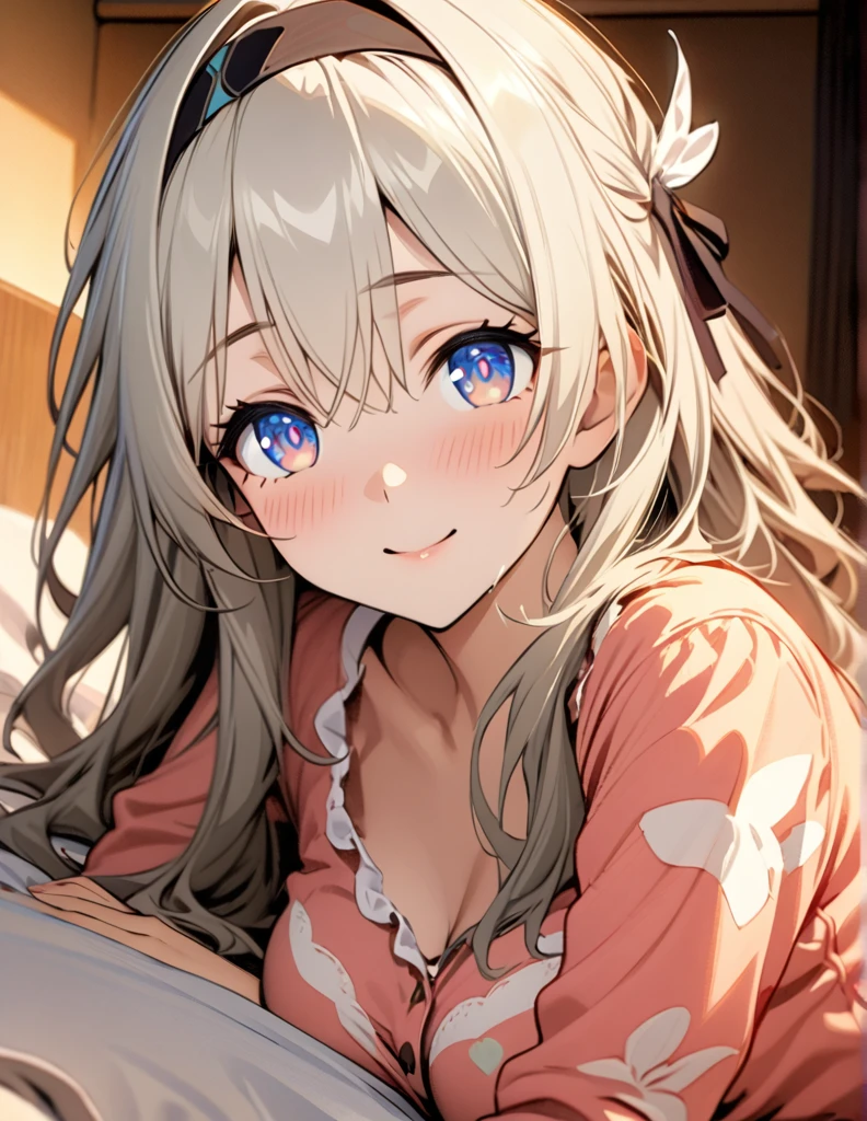 beautiful girl, long grey hair, beautiful face,smiling,close up to hips, beautiful breast, laying on stomach on bed,,illustration,detailed textures(realists),ultra-detailed,portrait style,vivid colors,soft lighting, blushing, mature, hair fluttering, evening light , head band, ((half body)), wearing simple pajamas , perky. ((side profile until hips)), very shy