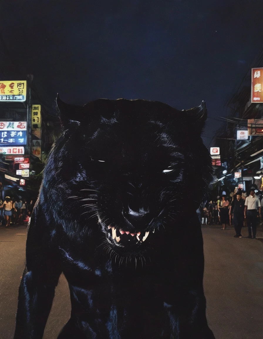 giant black panther smoking on bangkok street at night