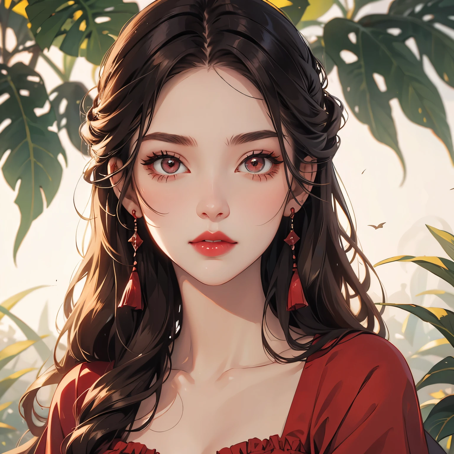 woman, clear skin, detailed eyes, pretty lashes, pretty dark red lipgloss, summerdress, halfbody